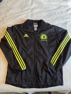 adidas Vintage 1998 Boston Marathon Black Jacket with Neon Yellow Stripes